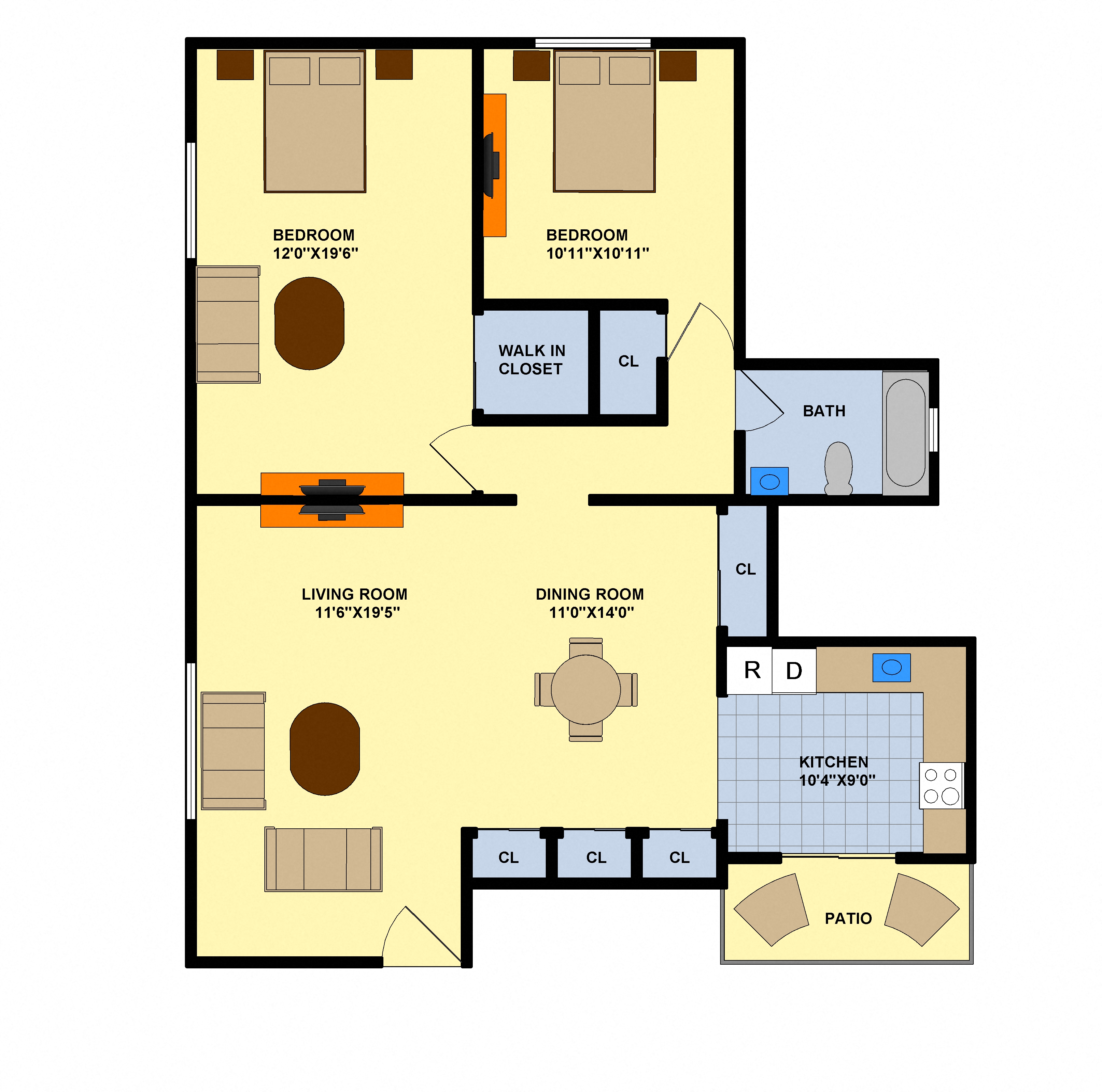 Floor plan for 2 beds, 1 bath, 950 sqft